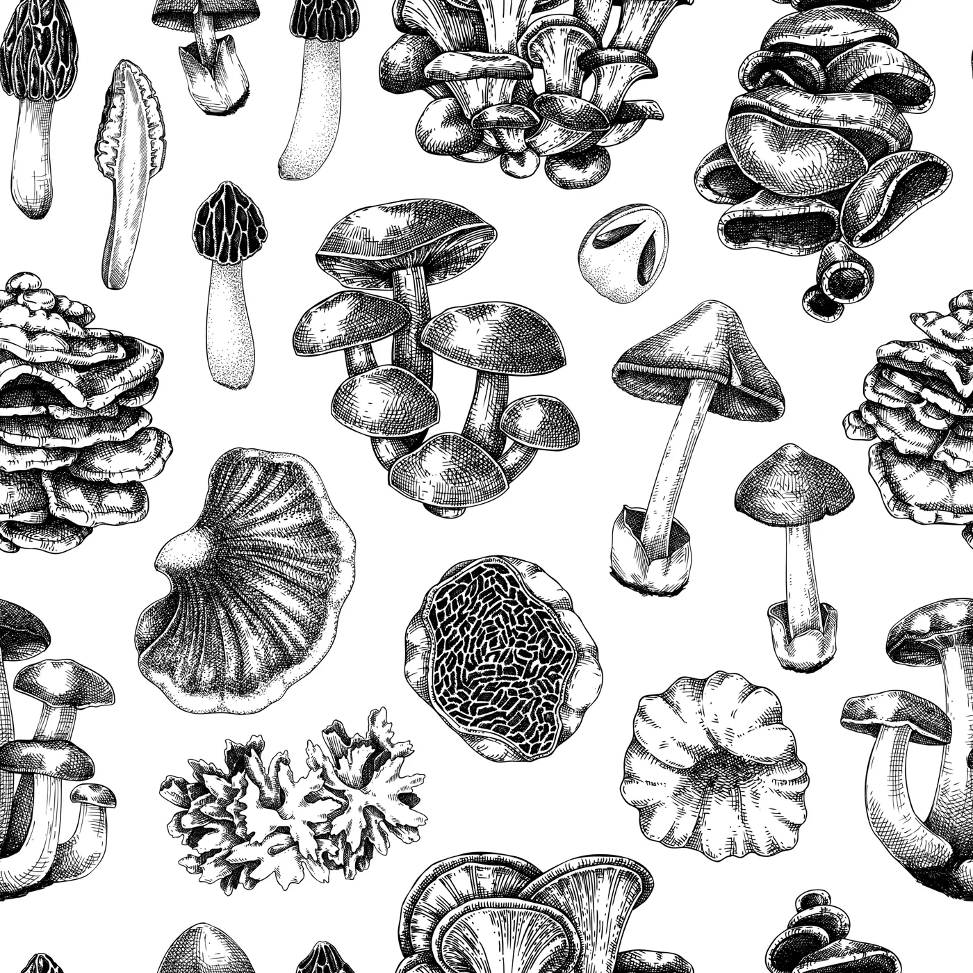 Straw mushroom texture design. Edible fungus background. Fungal protein, mycoprotein source. Edible mushroom seamless pattern. Healthy food and plant-based meat substitutes illustration for packaging Illustration